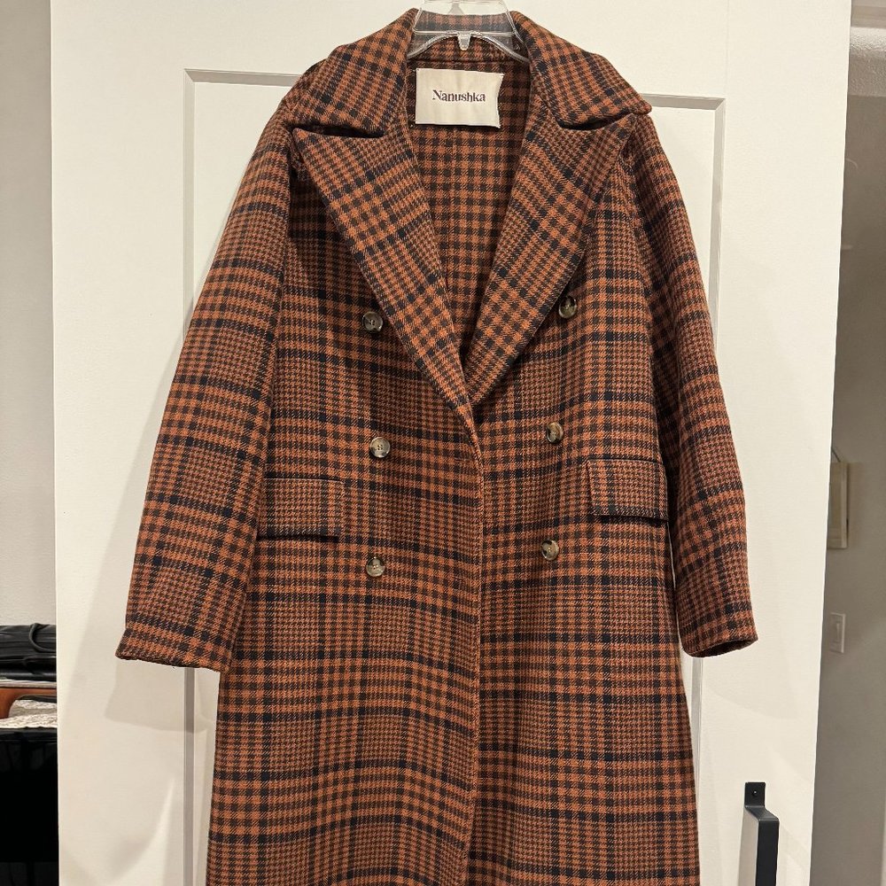 Nanushka Lana Double-Breasted Checked Plaid Wool-Blend Coat - Medium